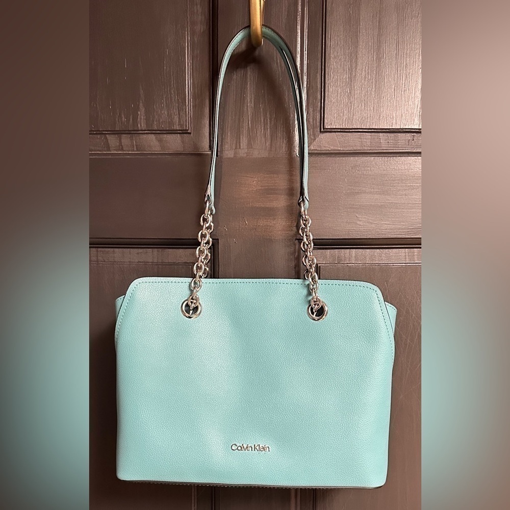 Calvin Klein Hailey Shopper Dual Handle Medium Size Shoulder Bag Teal Blue